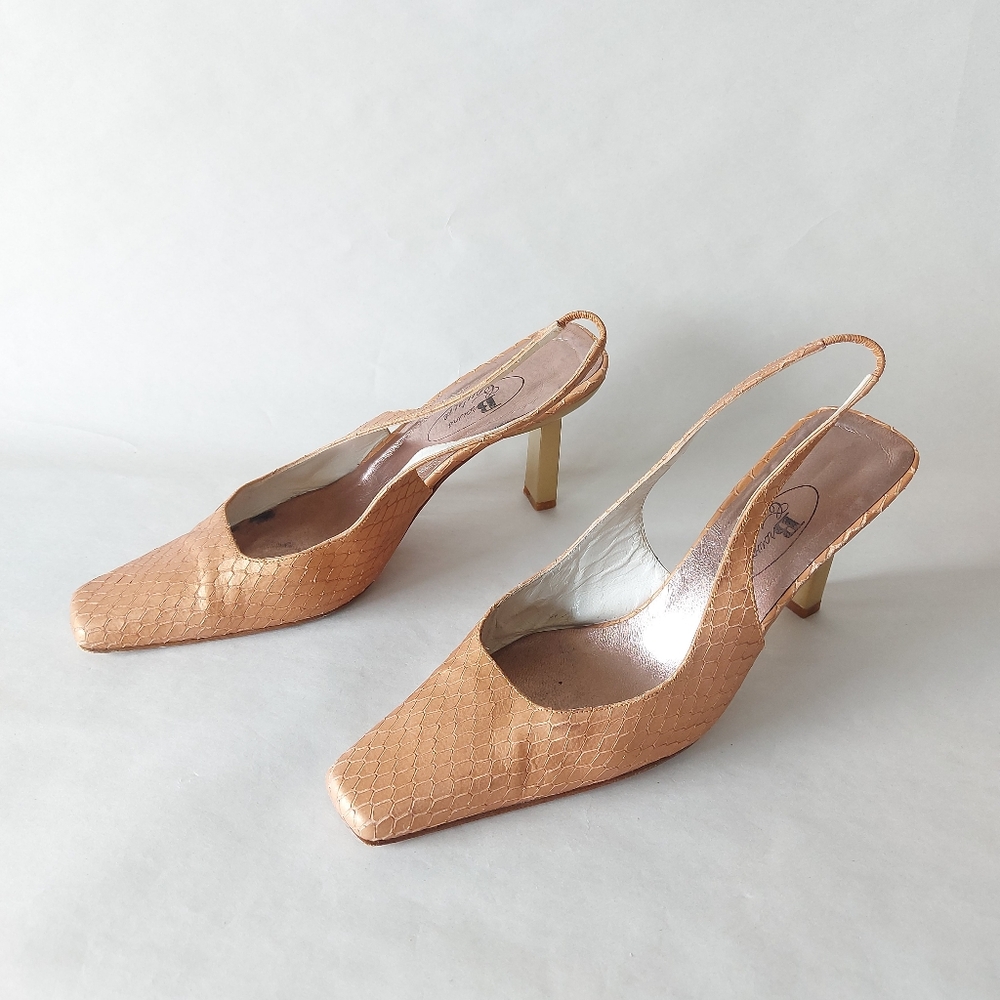 Browns Shoes Size 8 Leather Slingback Snakeskin Kitten Heel Square Toe Sandals
